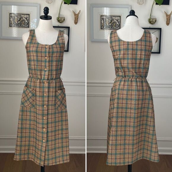 Vintage Dresses & Skirts - Vintage 70s Button Front Plaid Barkcloth Sleeveless Dress S